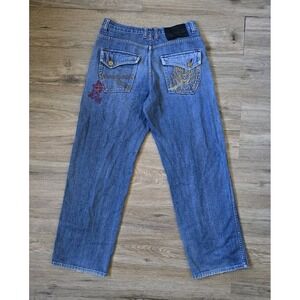 Vtg Y2k Reverb Embroidered Loose Blue Jeans Mens 30x30 Flap Pocket Skater Grunge